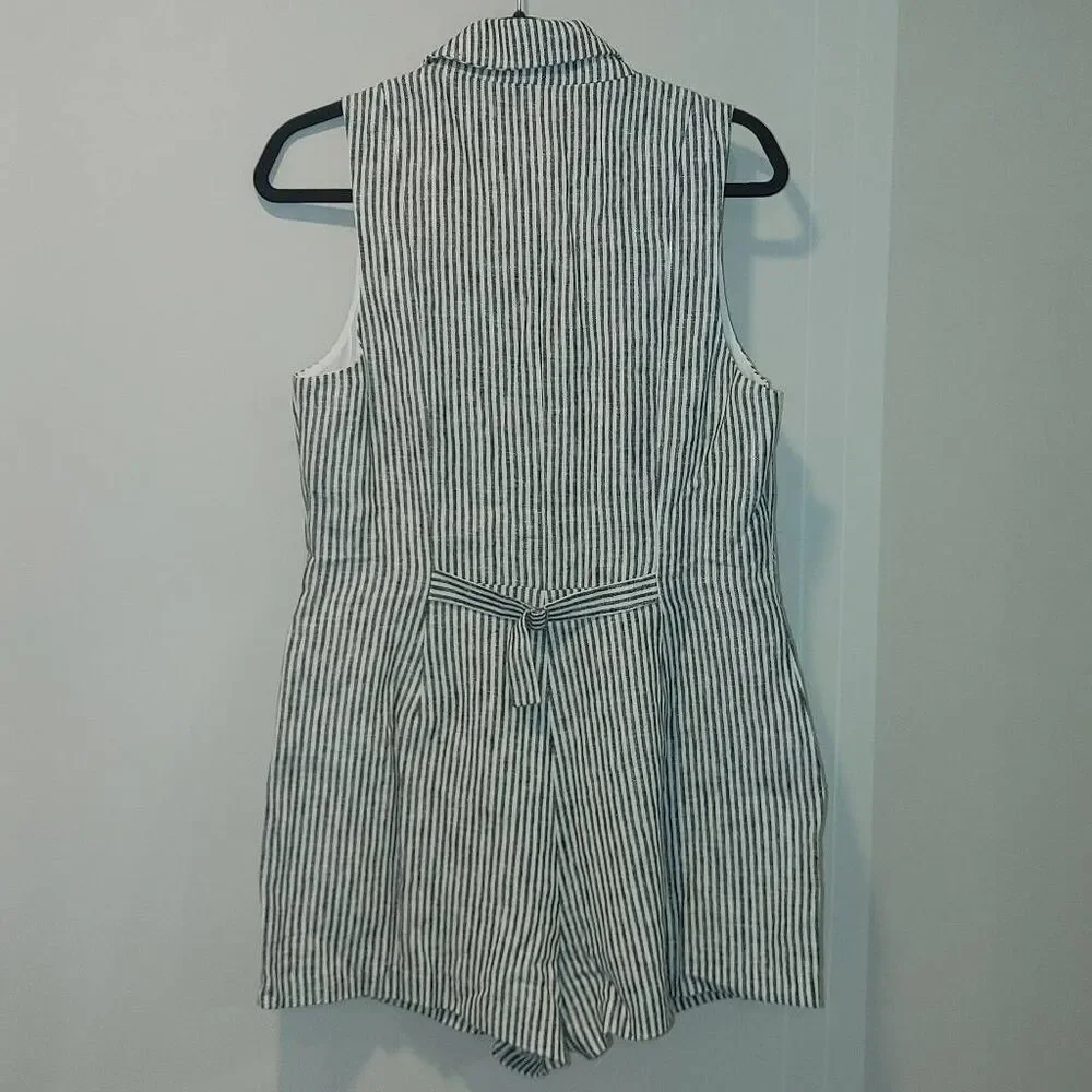 Reformation Women's Striped Sleeveless Leila Linen Romper Blue White Sz 10